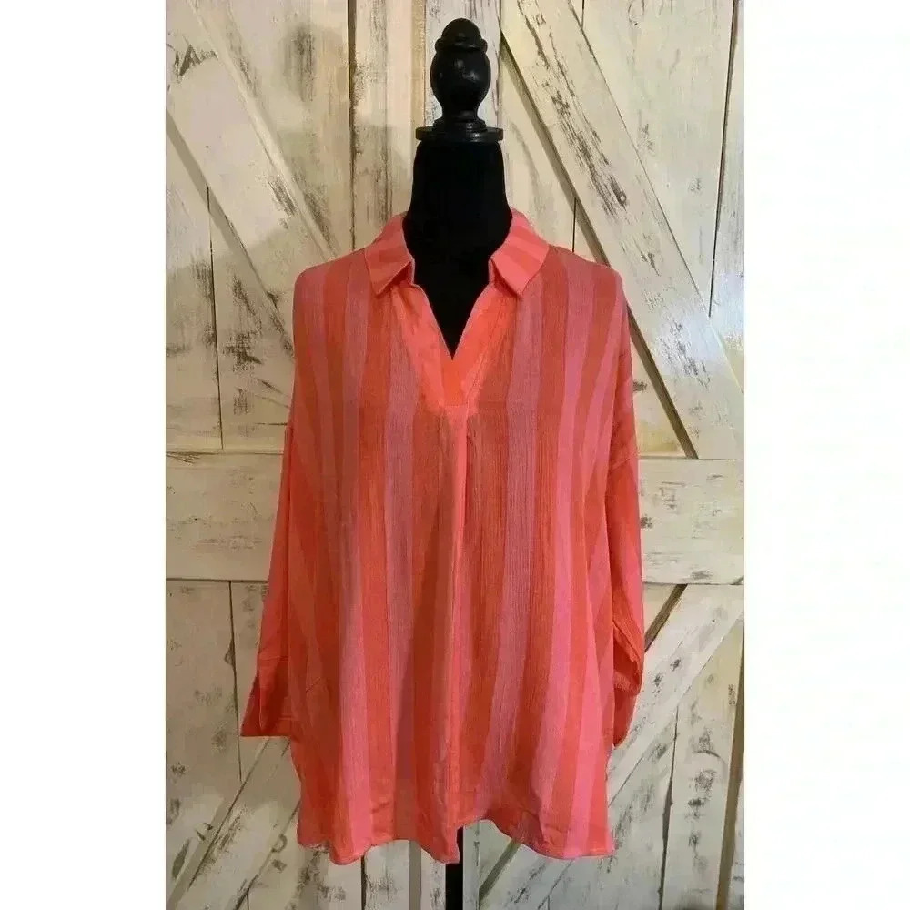 Adrienne Vittadini Wpmen’s Striped Shirt Long Sleeves‎ Pink Coral Size XL New